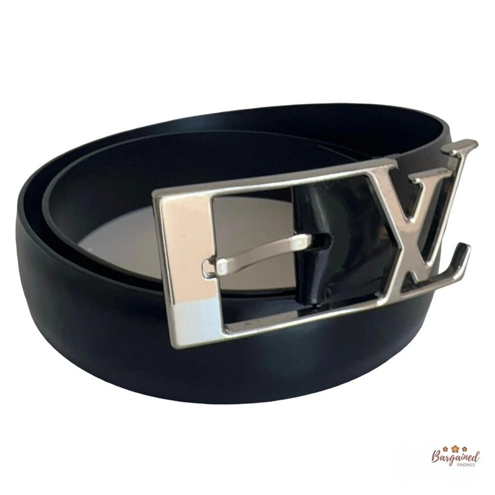 Authentic Louis Vuitton Black Leather Silver LV Initials Belt 90/36